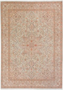 Full view of New Tabriz rug from Iran / Persia, 347 × 245 cm in Green tones
