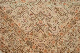 Full view of New Tabriz rug from Iran / Persia, 347 × 245 cm in Green tones