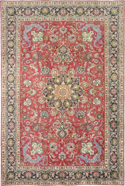 Full view of 1990s Tabriz rug from Iran / Persia, 298 × 197 cm in Red tones