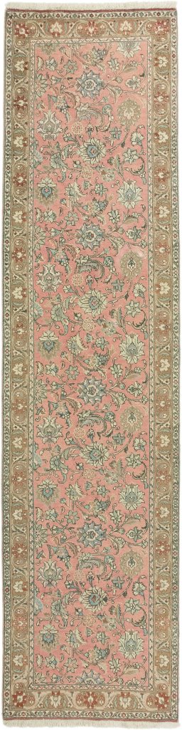 Full view of 1950s Tabriz rug from Iran / Persia, 372 × 92 cm in Pink tones