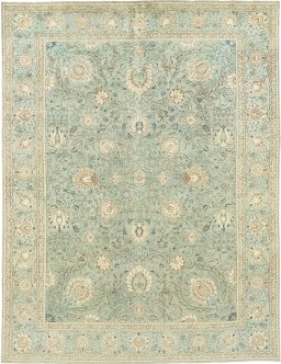 Full view of 1940s Tabriz rug from Iran / Persia, 406 × 307 cm in Green tones