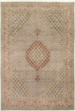 Full view of New Tabriz rug from Iran / Persia, 310 × 200 cm in Cream tones