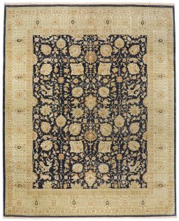 Full view of New Tabriz rug from Iran / Persia, 304 × 247 cm in Dark blue tones
