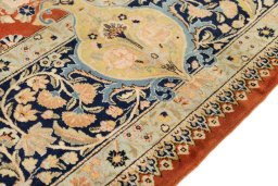 Full view of 1930s Tabriz rug from Iran / Persia, 375 × 275 cm in Red tones