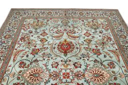 Full view of 1940s Tabriz rug from Iran / Persia, 400 × 310 cm in Blue tones