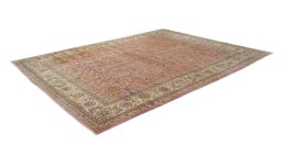 Corner detail of 1960s Tabriz rug showing border pattern and Wool pile