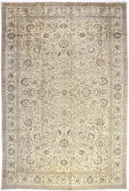 Full view of 1960s Tabriz rug from Iran / Persia, 538 × 358 cm in Cream tones