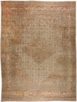 Full view of 1900s Tabriz rug from Iran / Persia, 378 × 282 cm in Brown tones