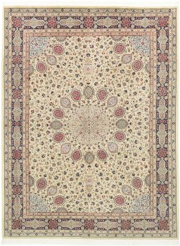 Full view of 1960s Tabriz rug from Iran / Persia, 392 × 293 cm in Cream tones