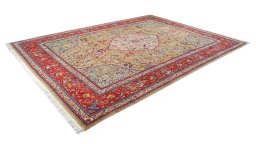 Corner detail of 1950s Tabriz rug showing border pattern and Wool pile