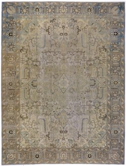 Full view of 1950s Tabriz rug from Iran / Persia, 350 × 265 cm in Beige tones