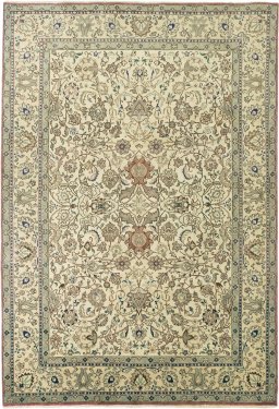 Full view of New Tabriz rug from Iran / Persia, 287 × 198 cm in Cream tones