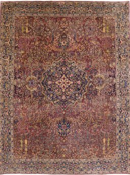 Full view of 1930s Tabriz rug from Iran / Persia, 406 × 318 cm in Dark red tones