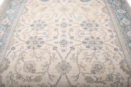 Full view of New Tabriz rug from Pakistan, 383 × 276 cm in Beige tones