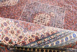 Corner detail of 2000s Tabriz rug showing border pattern and Wool pile