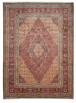 Full view of 1970s Tabriz rug from Iran / Persia, 341 × 255 cm in Red tones