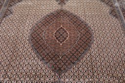 Corner detail of New Tabriz rug showing border pattern and Wool pile