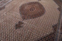 Full view of New Tabriz rug from Iran / Persia, 342 × 249 cm in Beige tones