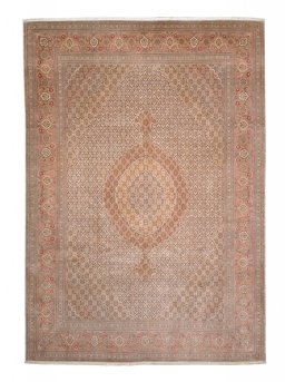 Full view of New Tabriz rug from Iran / Persia, 355 × 252 cm in Beige tones