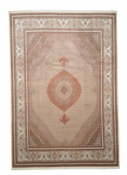 Full view of New Tabriz rug from Iran / Persia, 359 × 249 cm in Beige tones