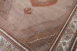 Full view of New Tabriz rug from Iran / Persia, 359 × 249 cm in Beige tones