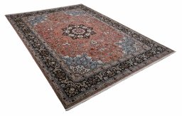 Corner detail of New Tabriz rug showing border pattern and Cork pile