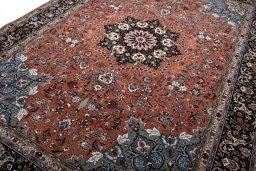 Full view of New Tabriz rug from Iran / Persia, 350 × 250 cm in Red tones