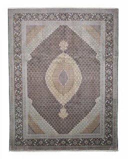 Full view of New Tabriz rug from Iran / Persia, 395 × 303 cm in Gray tones