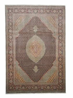 Full view of New Tabriz rug from Iran / Persia, 362 × 246 cm in Gray tones