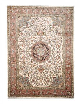 Full view of New Tabriz rug from Iran / Persia, 340 × 250 cm in Beige tones