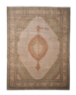 Full view of New Tabriz rug from Iran / Persia, 394 × 300 cm in Beige tones