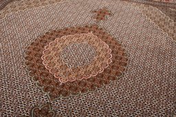 Full view of New Tabriz rug from Iran / Persia, 302 × 250 cm in Beige tones