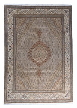 Full view of 2000s Tabriz rug from Iran / Persia, 358 × 250 cm in Beige tones