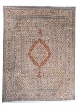Full view of 2000s Tabriz rug from Iran / Persia, 404 × 306 cm in Beige tones
