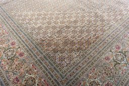 Full view of 2000s Tabriz rug from Iran / Persia, 404 × 306 cm in Beige tones