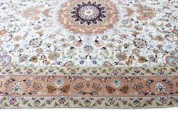 Full view of New Tabriz rug from Iran / Persia, 305 × 200 cm in Beige tones