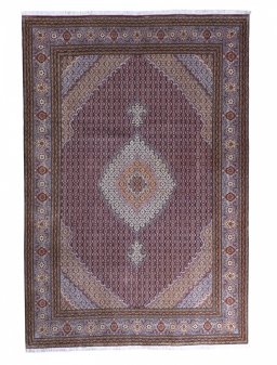 Full view of New Tabriz rug from Iran / Persia, 296 × 202 cm in Red tones