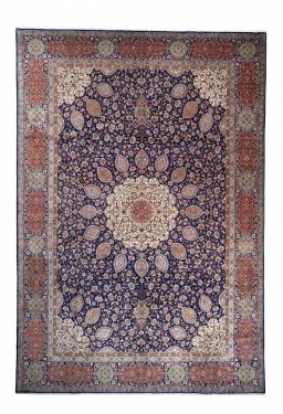 Full view of 1970s Tabriz rug from Iran / Persia, 508 × 347 cm in Blue tones