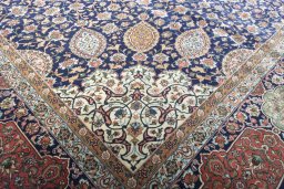 Full view of 1970s Tabriz rug from Iran / Persia, 508 × 347 cm in Blue tones