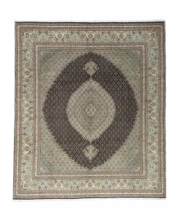 Full view of New Tabriz rug from Iran / Persia, 292 × 251 cm in Gray tones
