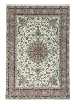Full view of New Tabriz rug from Iran / Persia, 370 × 251 cm in Beige tones