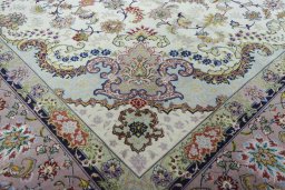 Full view of New Tabriz rug from Iran / Persia, 370 × 251 cm in Beige tones