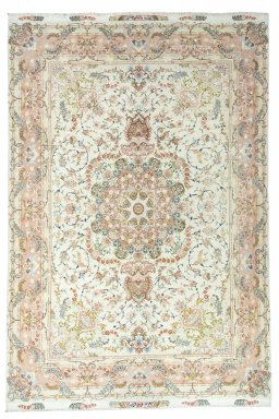 Full view of New Tabriz rug from Iran / Persia, 370 × 245 cm in Beige tones