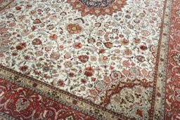 Full view of New Tabriz rug from Iran / Persia, 407 × 296 cm in Beige tones