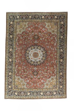 Full view of New Tabriz rug from Iran / Persia, 357 × 253 cm in Red tones