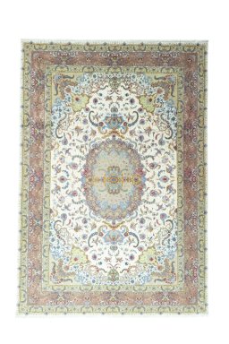 Full view of New Tabriz rug from Iran / Persia, 352 × 244 cm in Beige tones