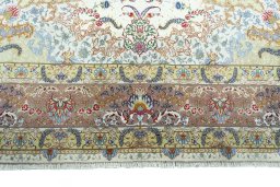 Full view of New Tabriz rug from Iran / Persia, 352 × 244 cm in Beige tones