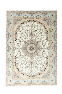 Full view of New Tabriz rug from Iran / Persia, 294 × 203 cm in Beige tones