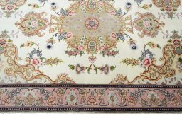 Full view of New Tabriz rug from Iran / Persia, 296 × 90 cm in Beige tones