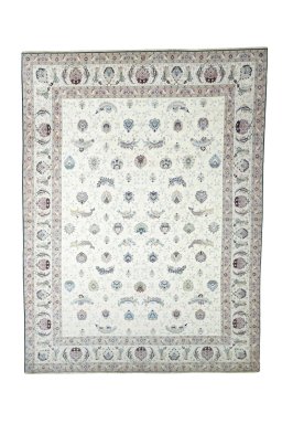 Full view of New Tabriz rug from Iran / Persia, 395 × 298 cm in Beige tones